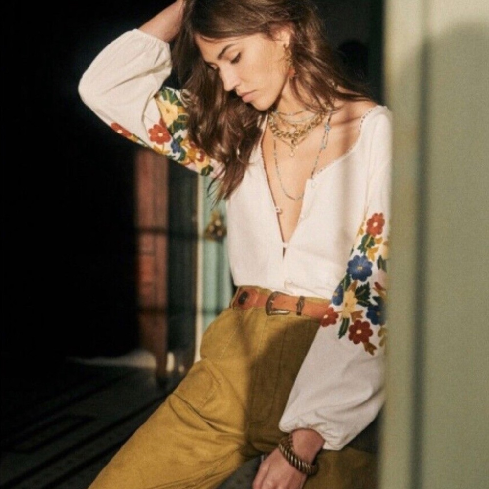 Sezane Reety White Button-Down Blouse with Multicolor Floral Embroidery - Picture 3 of 9